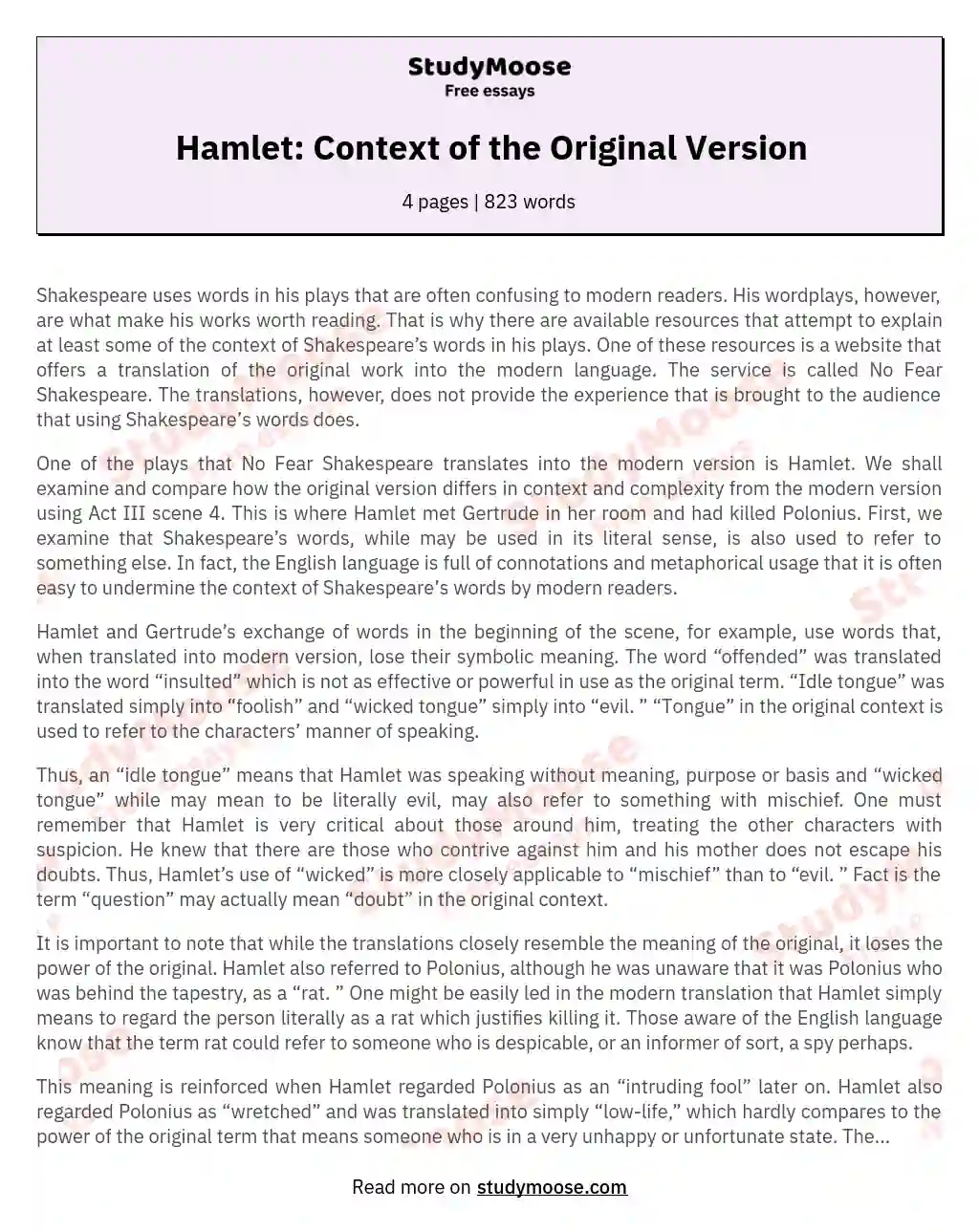 Hamlet: Context of the Original Version essay