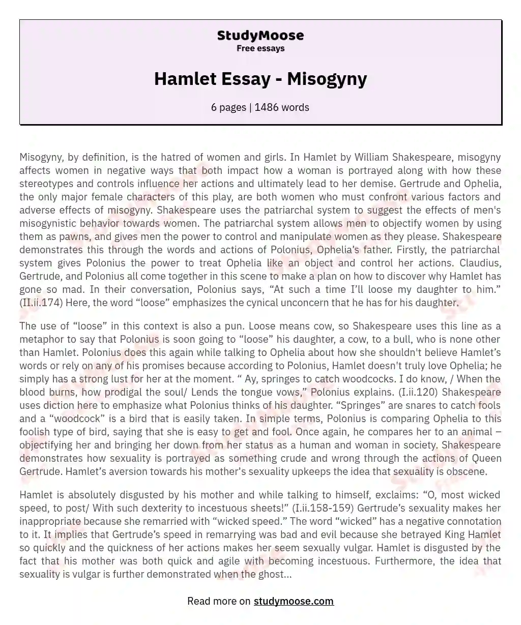 Hamlet Essay - Misogyny essay