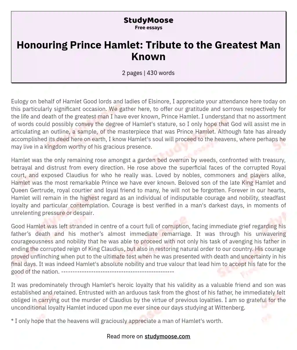 Honouring Prince Hamlet: Tribute to the Greatest Man Known essay