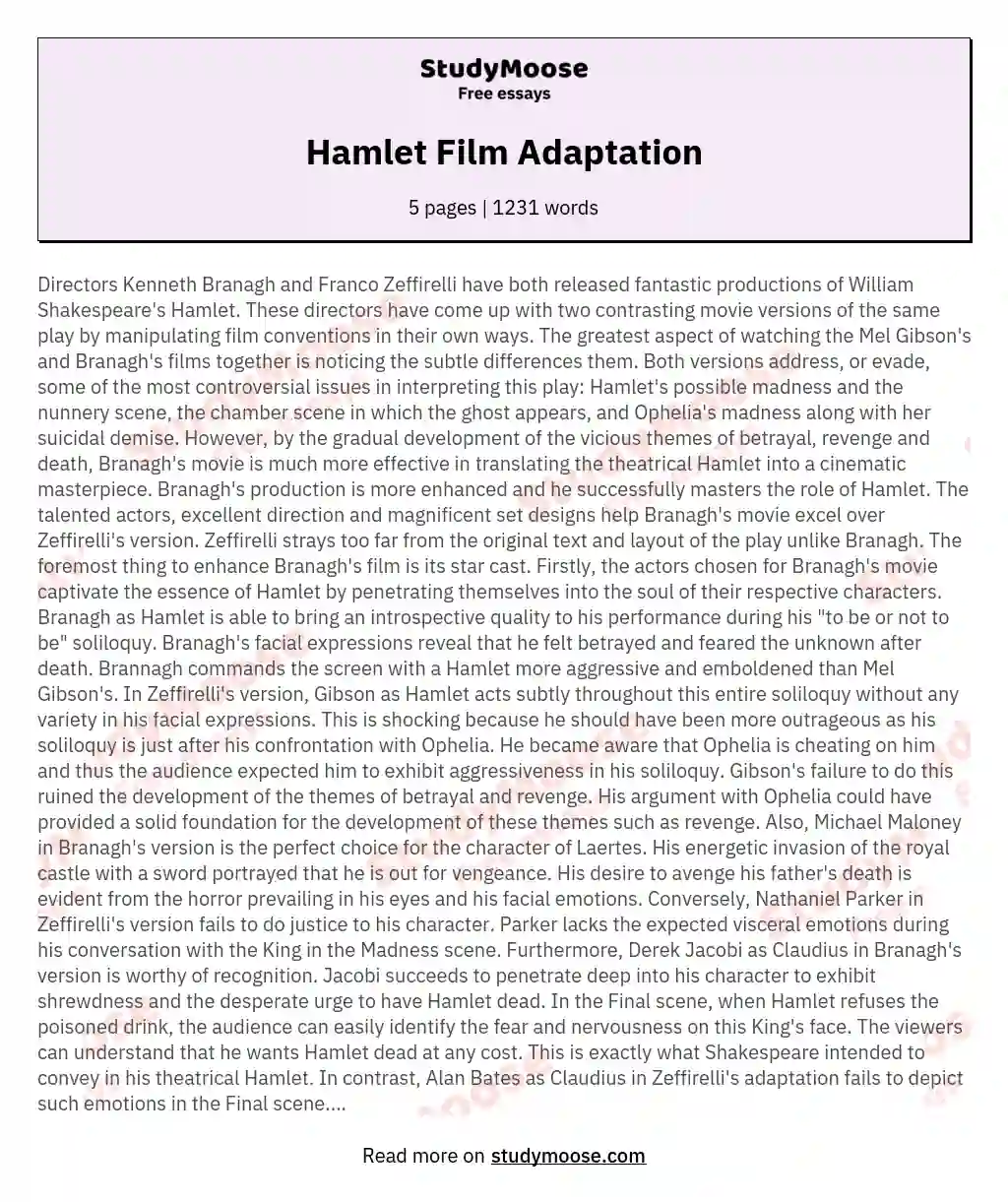 Hamlet Film Adaptation essay