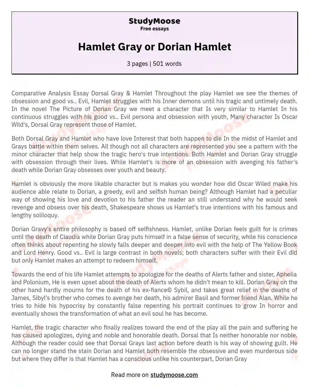 Hamlet Gray or Dorian Hamlet