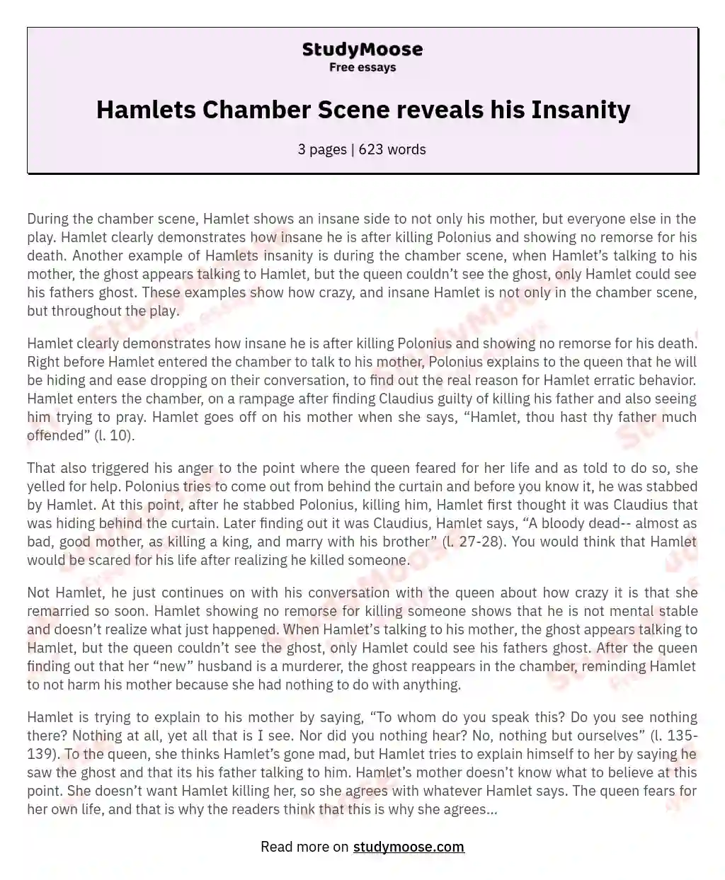 Hamlets Chamber Scene reveals his Insanity essay