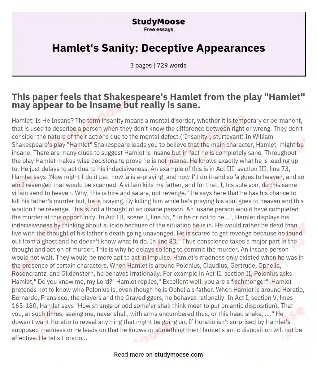 Hamlet: Is He Insane?
