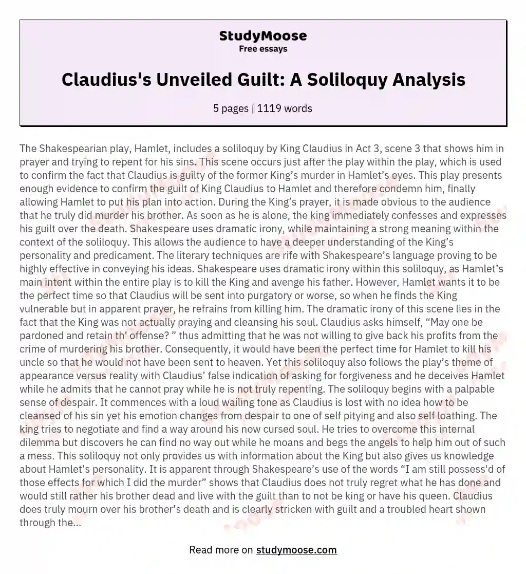 Claudius's Unveiled Guilt: A Soliloquy Analysis essay