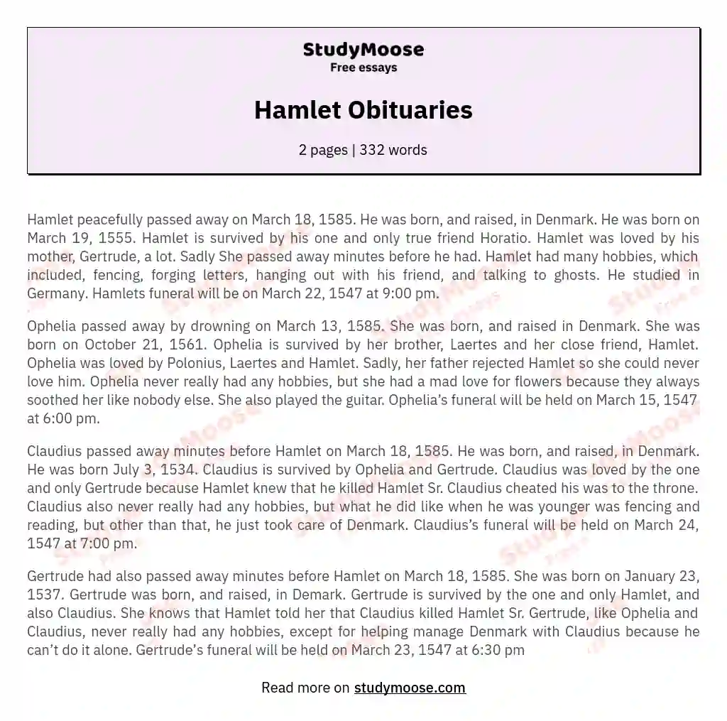 Hamlet Obituaries essay
