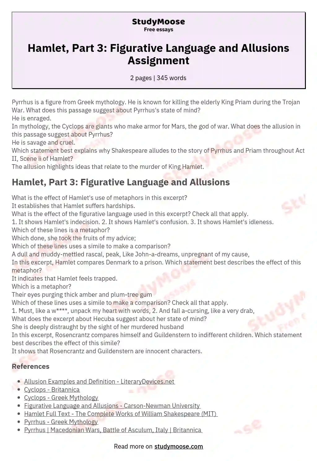 Hamlet, Part 3: Figurative Language and Allusions Assignment essay