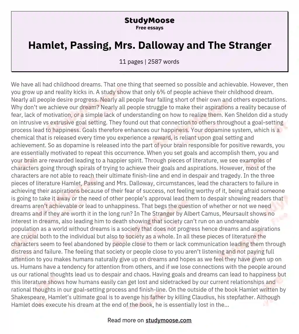 Hamlet, Passing, Mrs. Dalloway and The Stranger essay