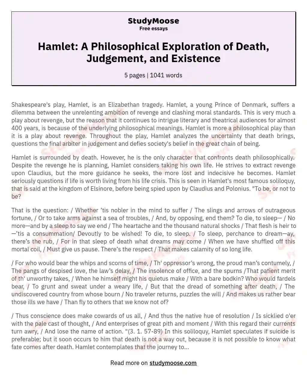 Hamlet: A Philosophical Exploration of Death, Judgement, and Existence essay