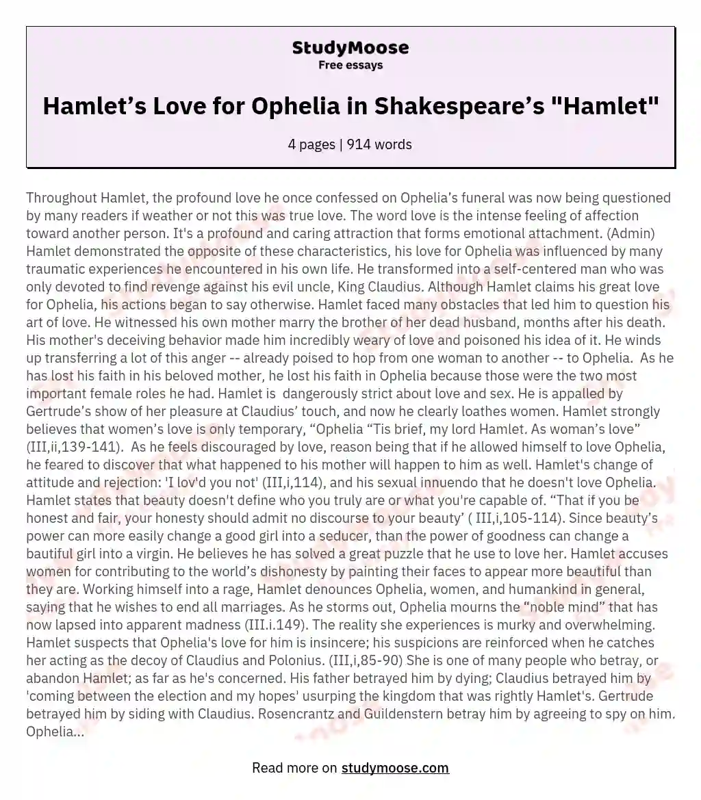 Hamlet’s Love for Ophelia in Shakespeare’s "Hamlet"