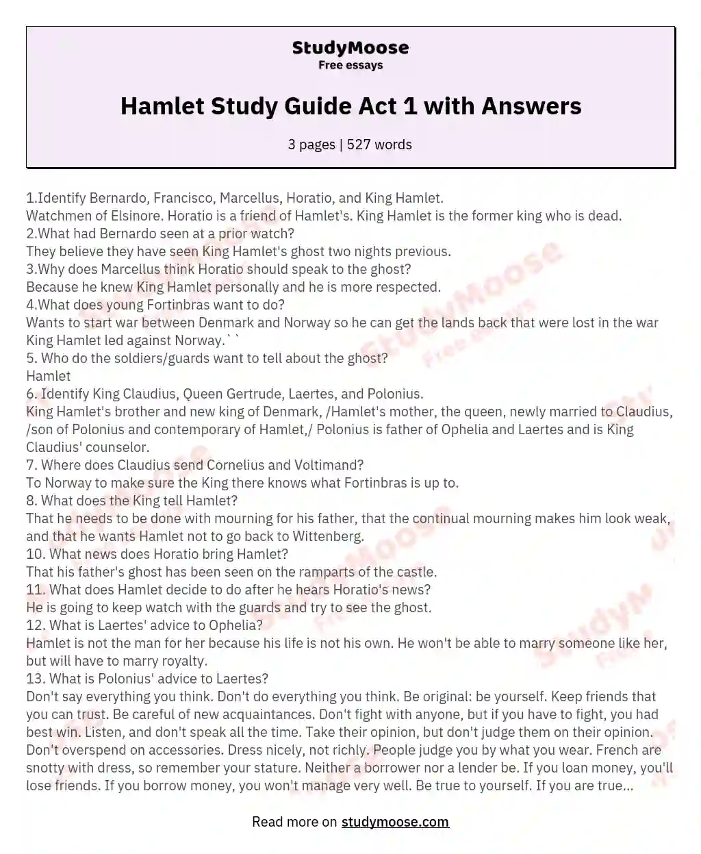 Hamlet Study Guide Act 1 with Answers essay