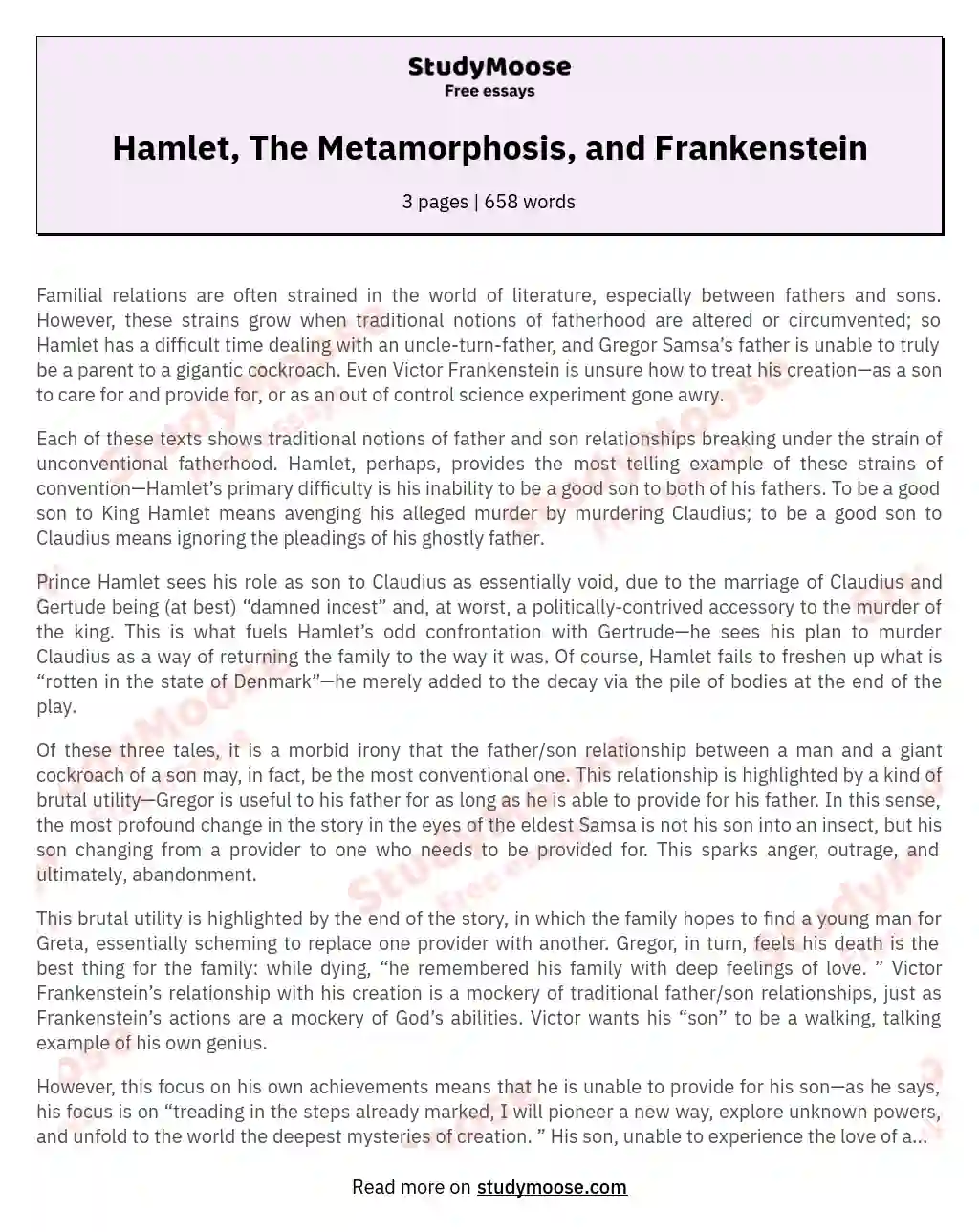 Hamlet, The Metamorphosis, and Frankenstein essay