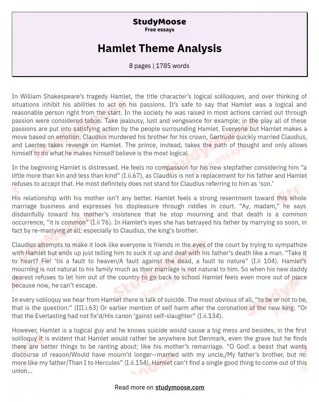 Hamlet Theme Analysis essay