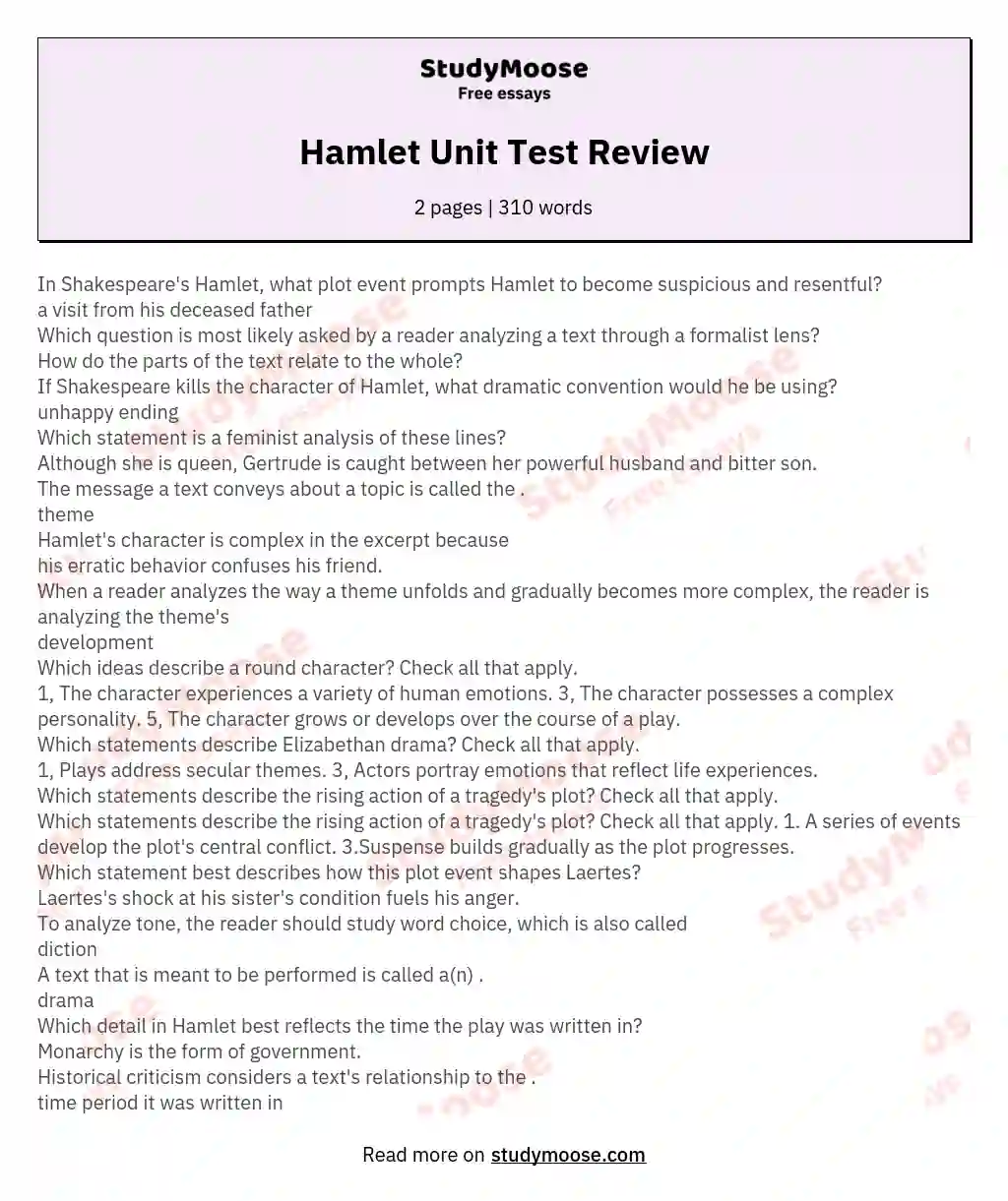 Hamlet Unit Test Review essay