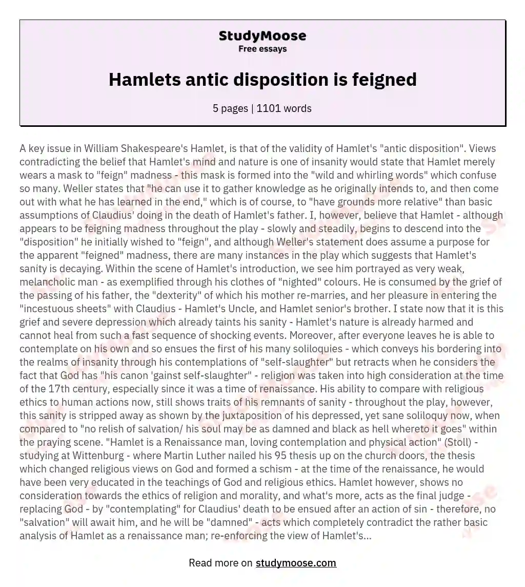 Hamlets antic disposition is feigned essay