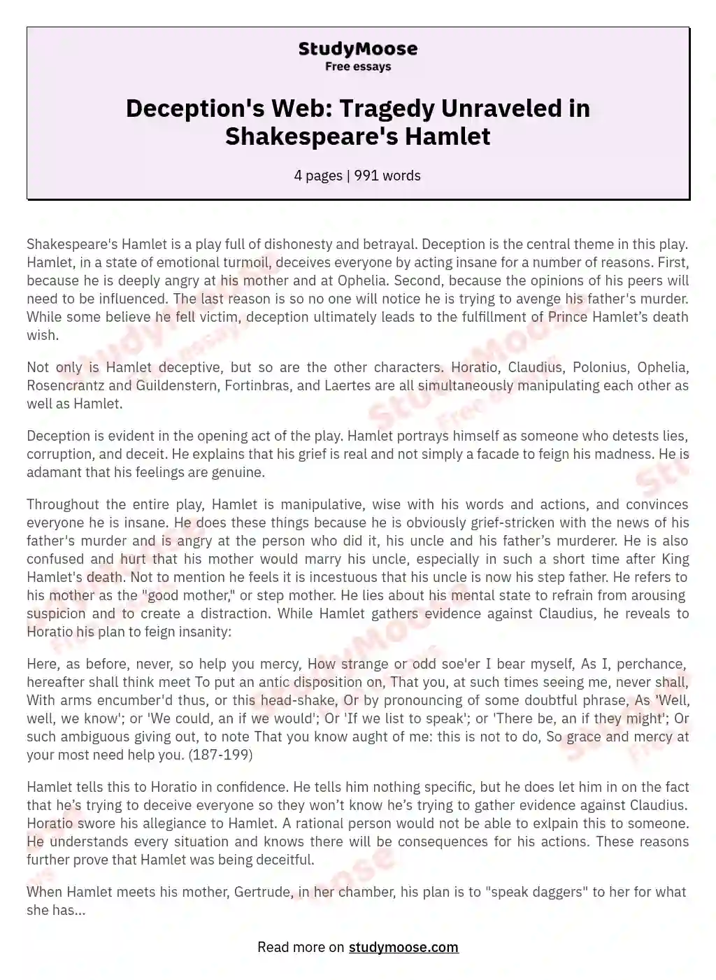 Deception's Web: Tragedy Unraveled in Shakespeare's Hamlet essay