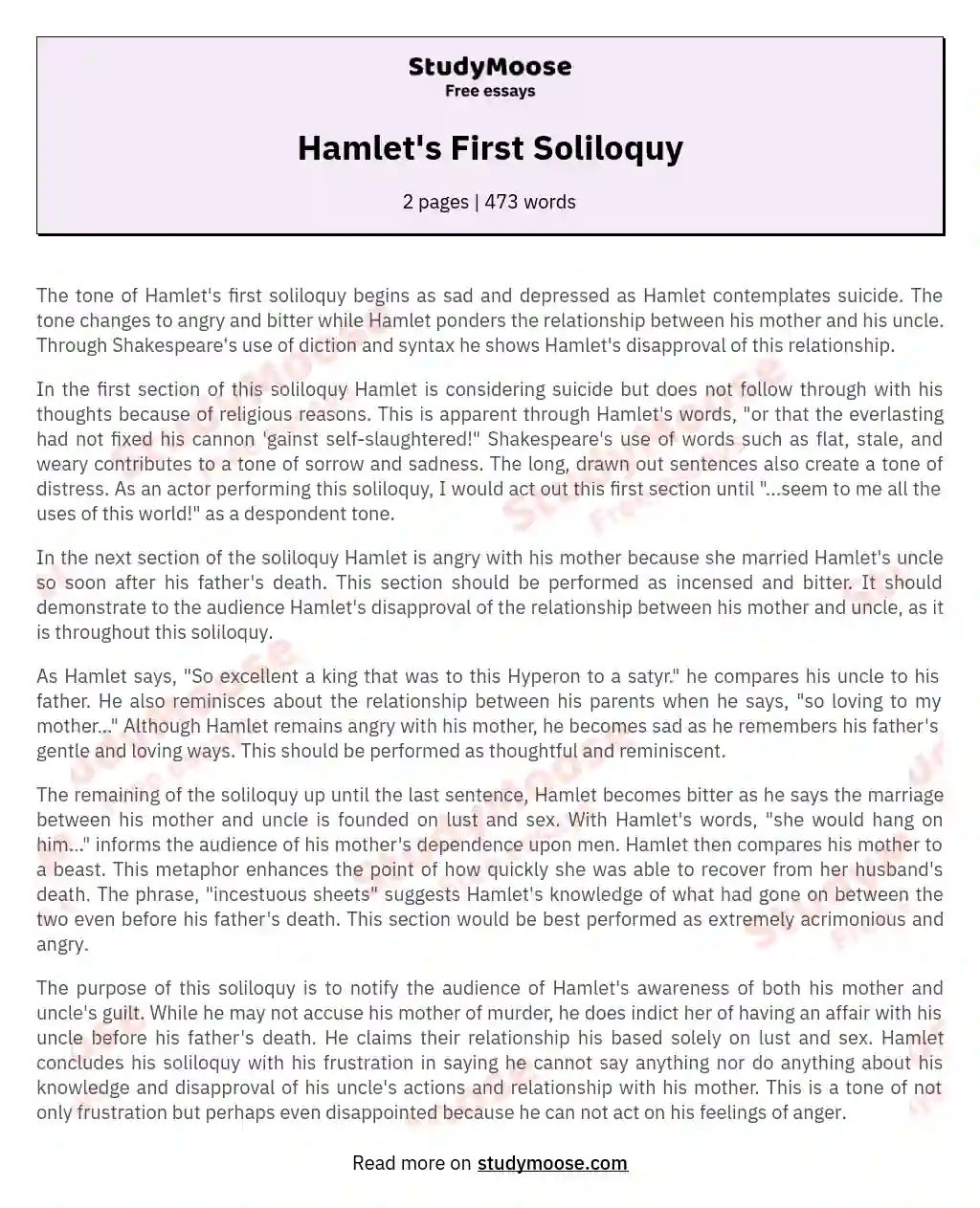 Hamlet's First Soliloquy essay