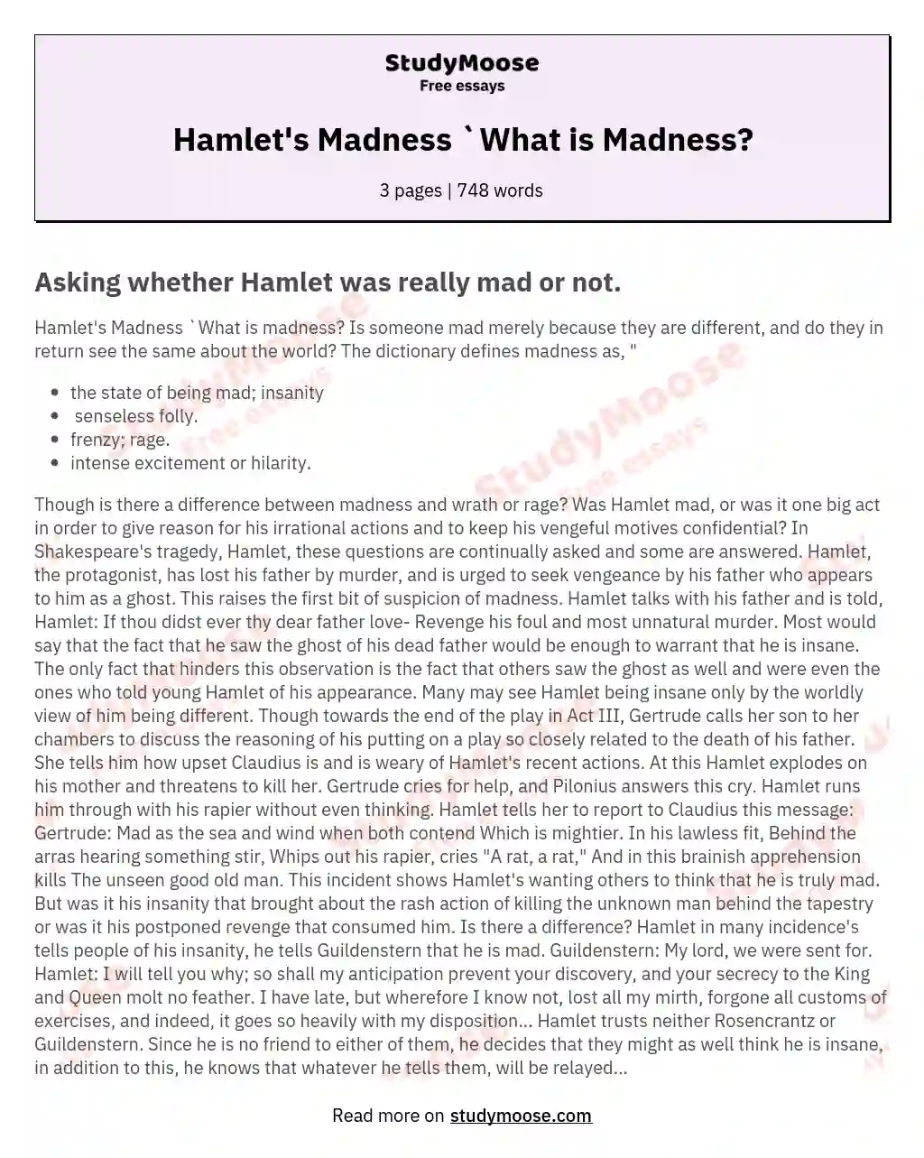 Hamlet's Madness `What is Madness? essay