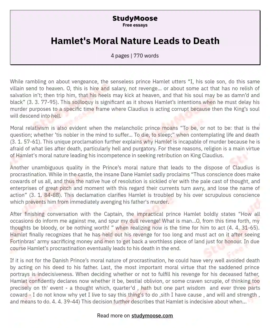 Hamlet's Moral Nature Leads to Death essay
