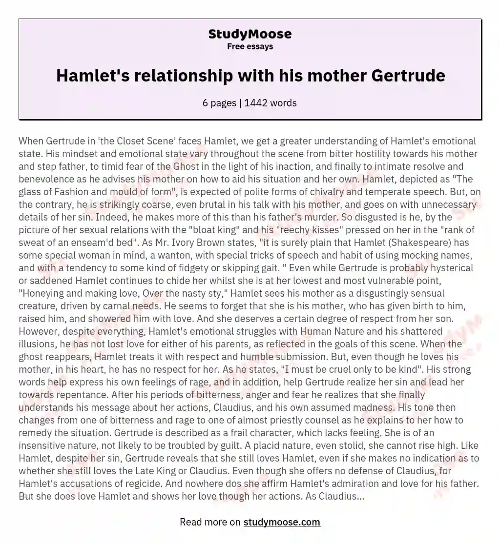 Hamlet's relationship with his mother Gertrude essay