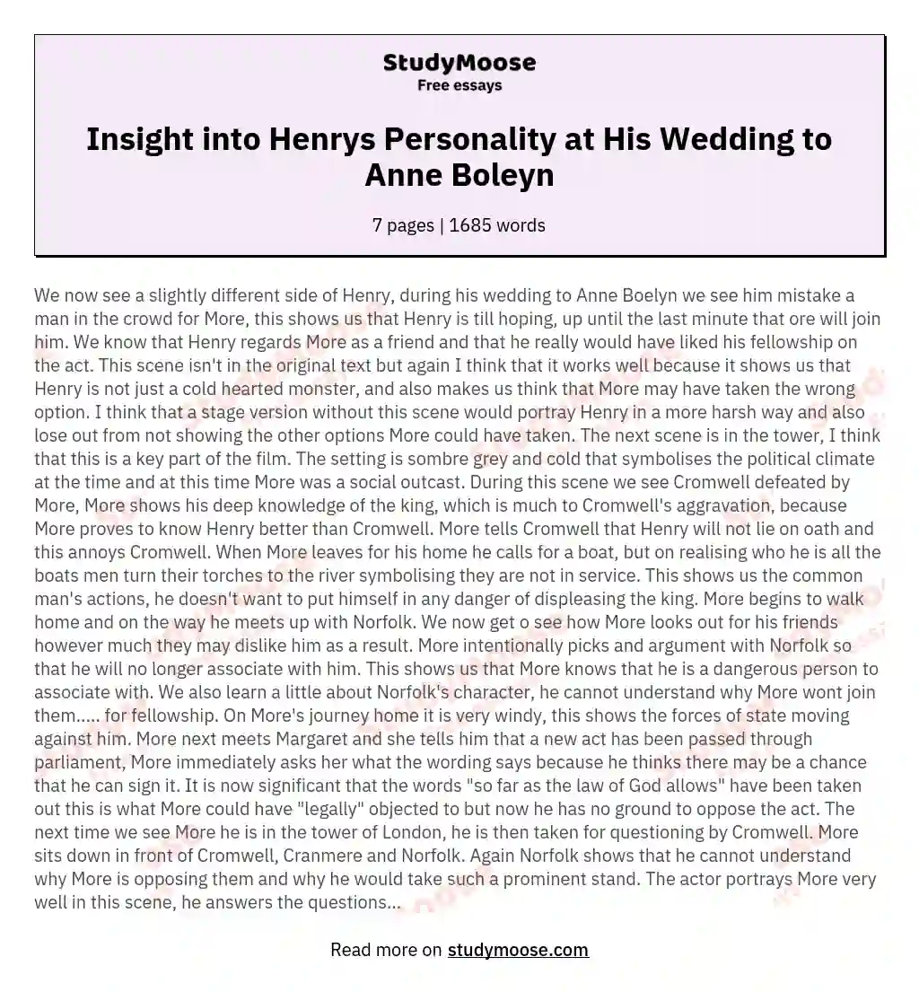 Insight into Henrys Personality at His Wedding to Anne Boleyn essay
