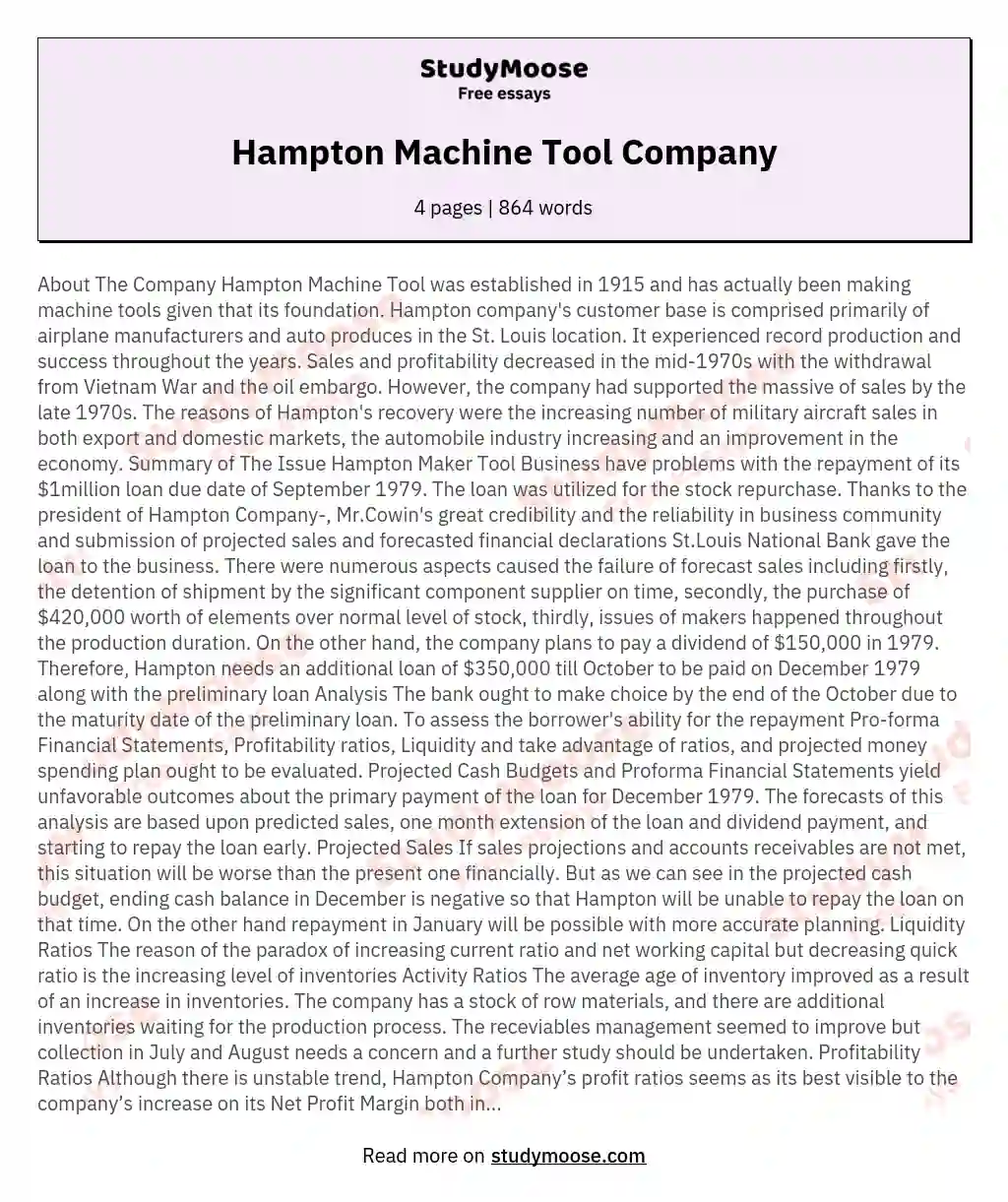Hampton Machine Tool Company essay
