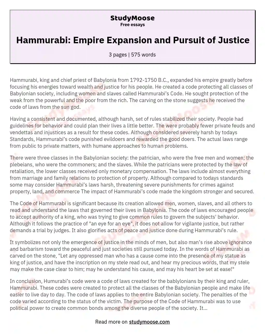 Hammurabi: Empire Expansion and Pursuit of Justice essay