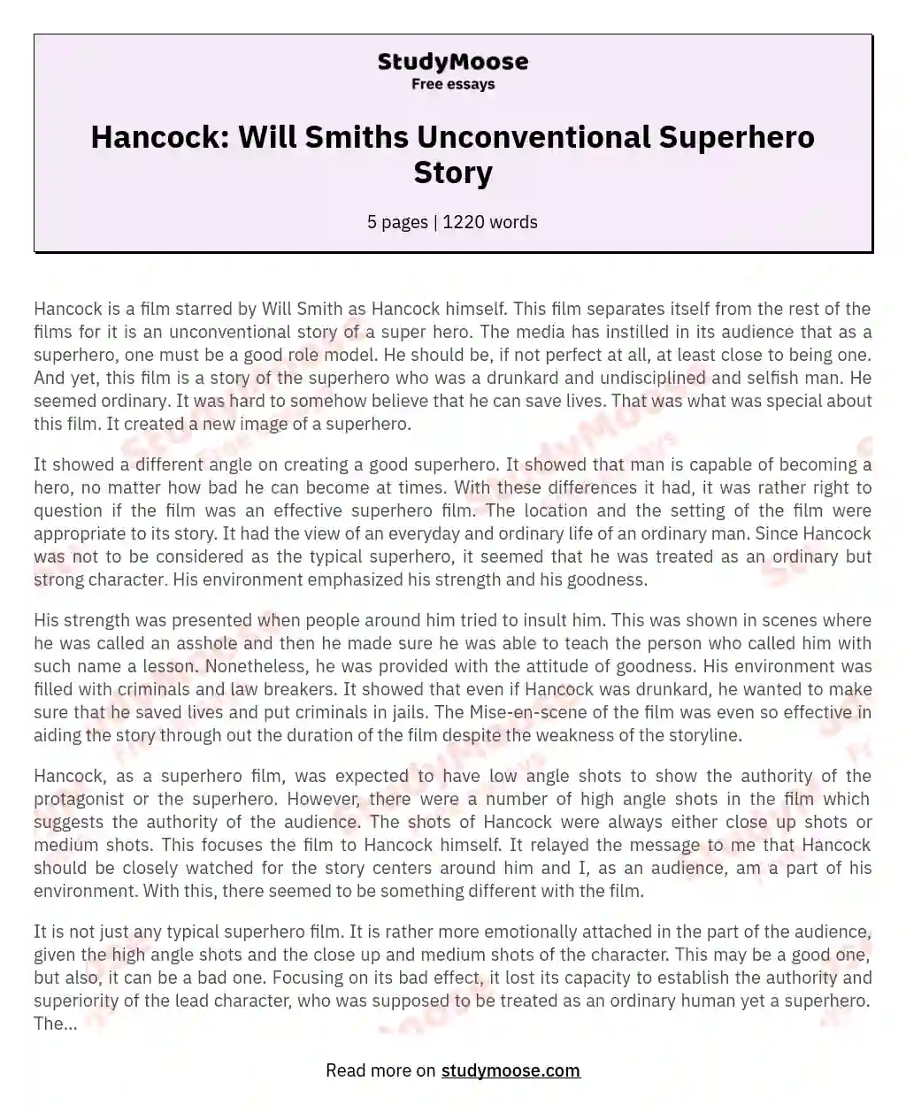 Hancock: Will Smiths Unconventional Superhero Story essay