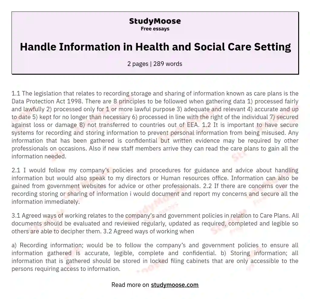 Handle Information in Health and Social Care Setting essay