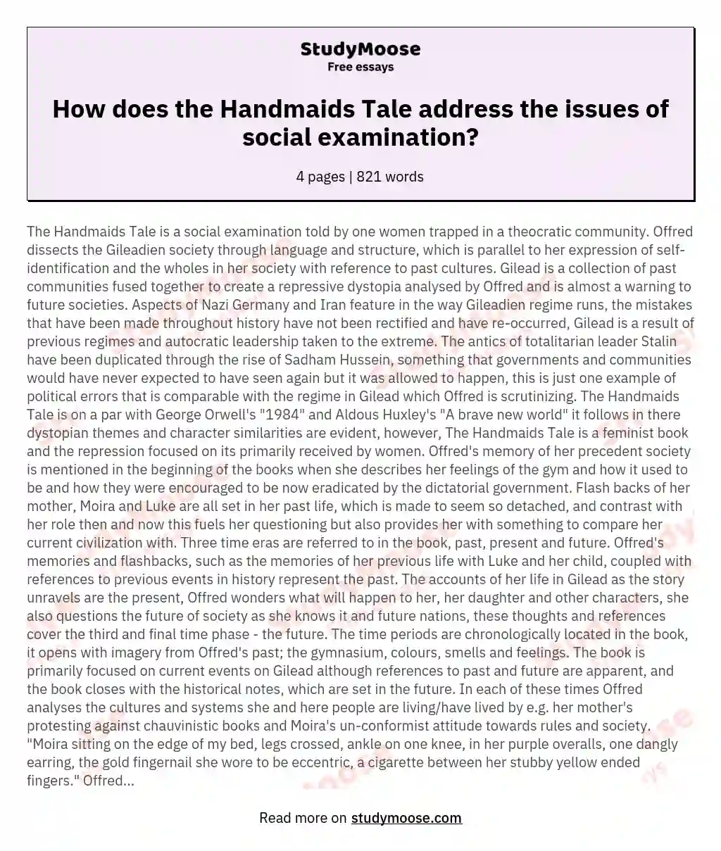 How does the Handmaids Tale address the issues of social examination? essay