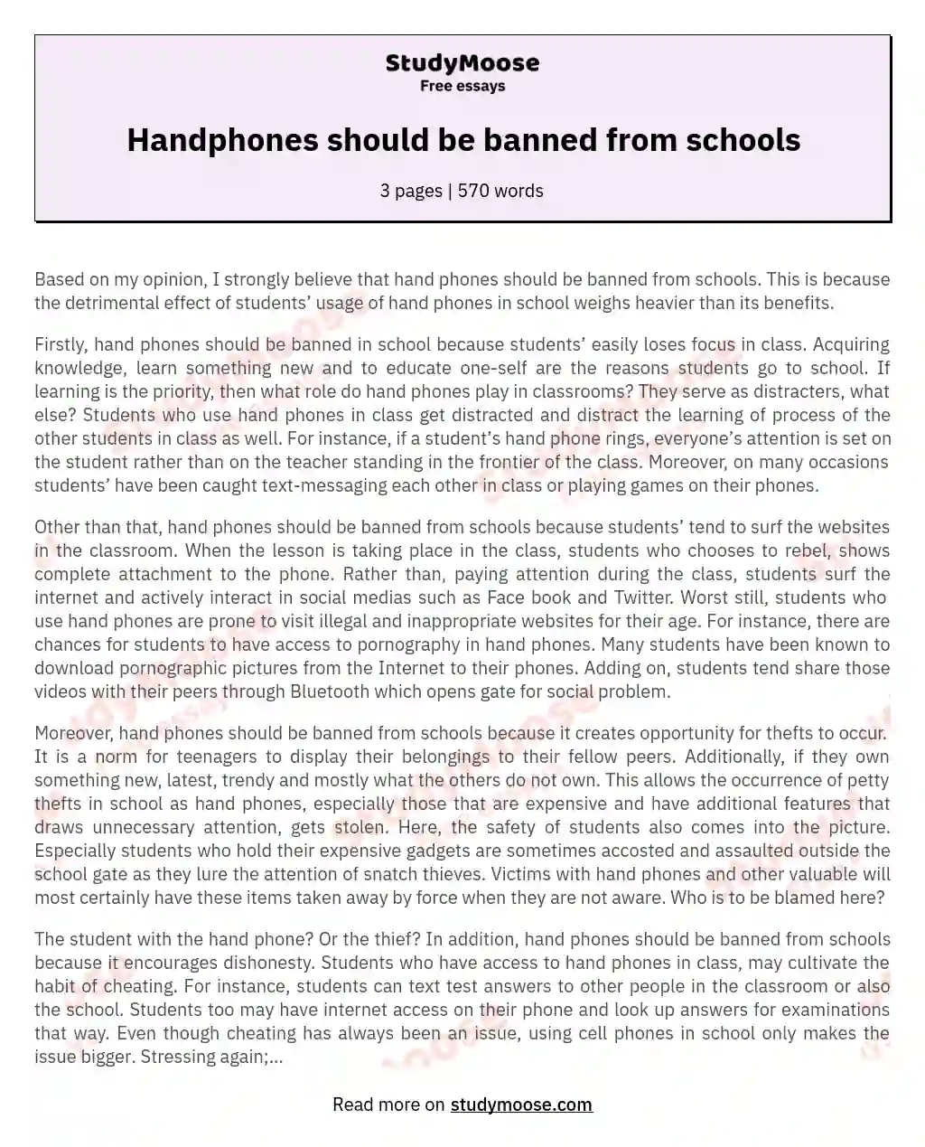 Handphones should be banned from schools essay