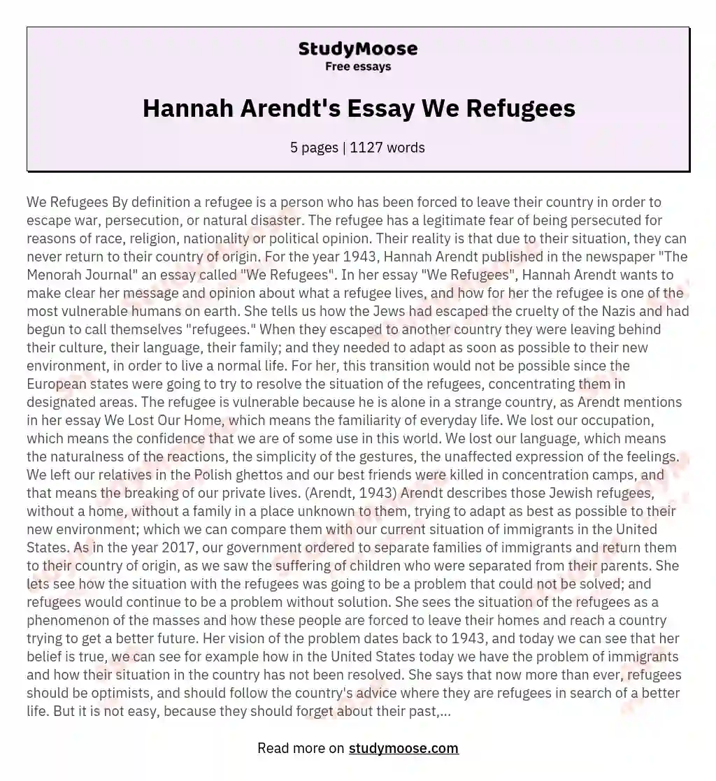 Hannah Arendt's Essay We Refugees essay