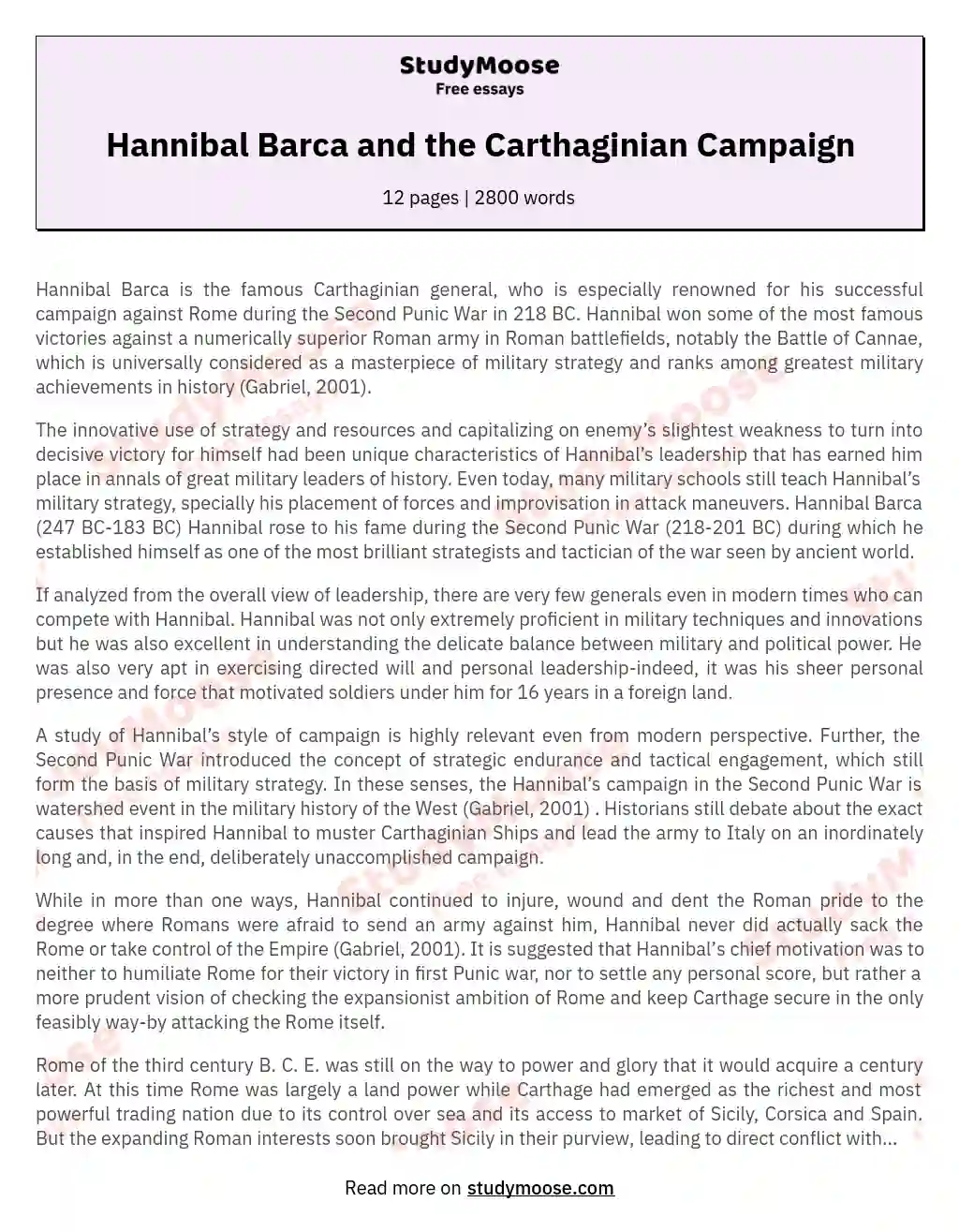 Hannibal Barca and the Carthaginian Campaign essay