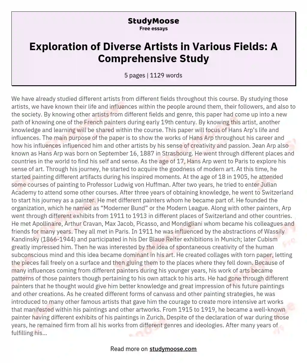 Exploration of Diverse Artists in Various Fields: A Comprehensive Study essay
