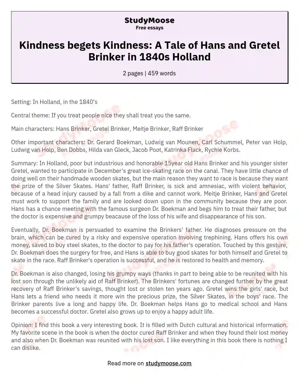 Kindness begets Kindness: A Tale of Hans and Gretel Brinker in 1840s Holland essay