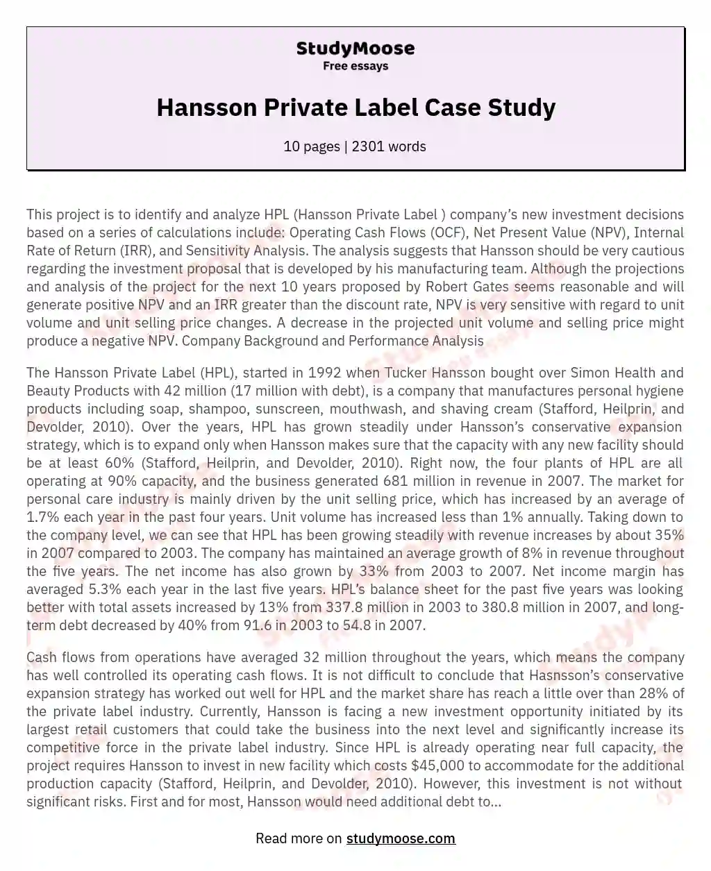 Hansson Private Label Case Study essay