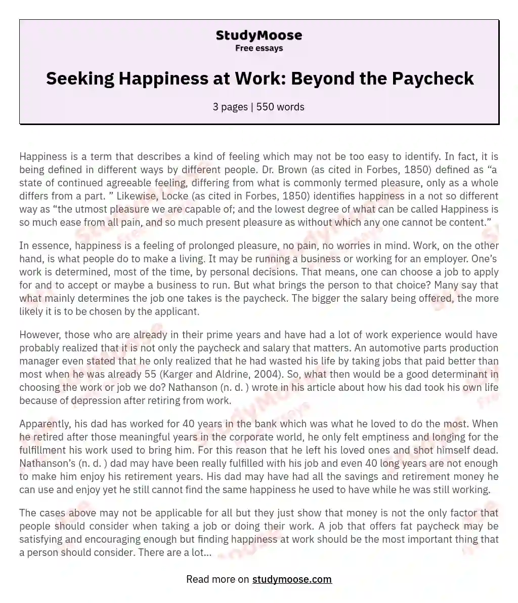 Seeking Happiness at Work: Beyond the Paycheck essay