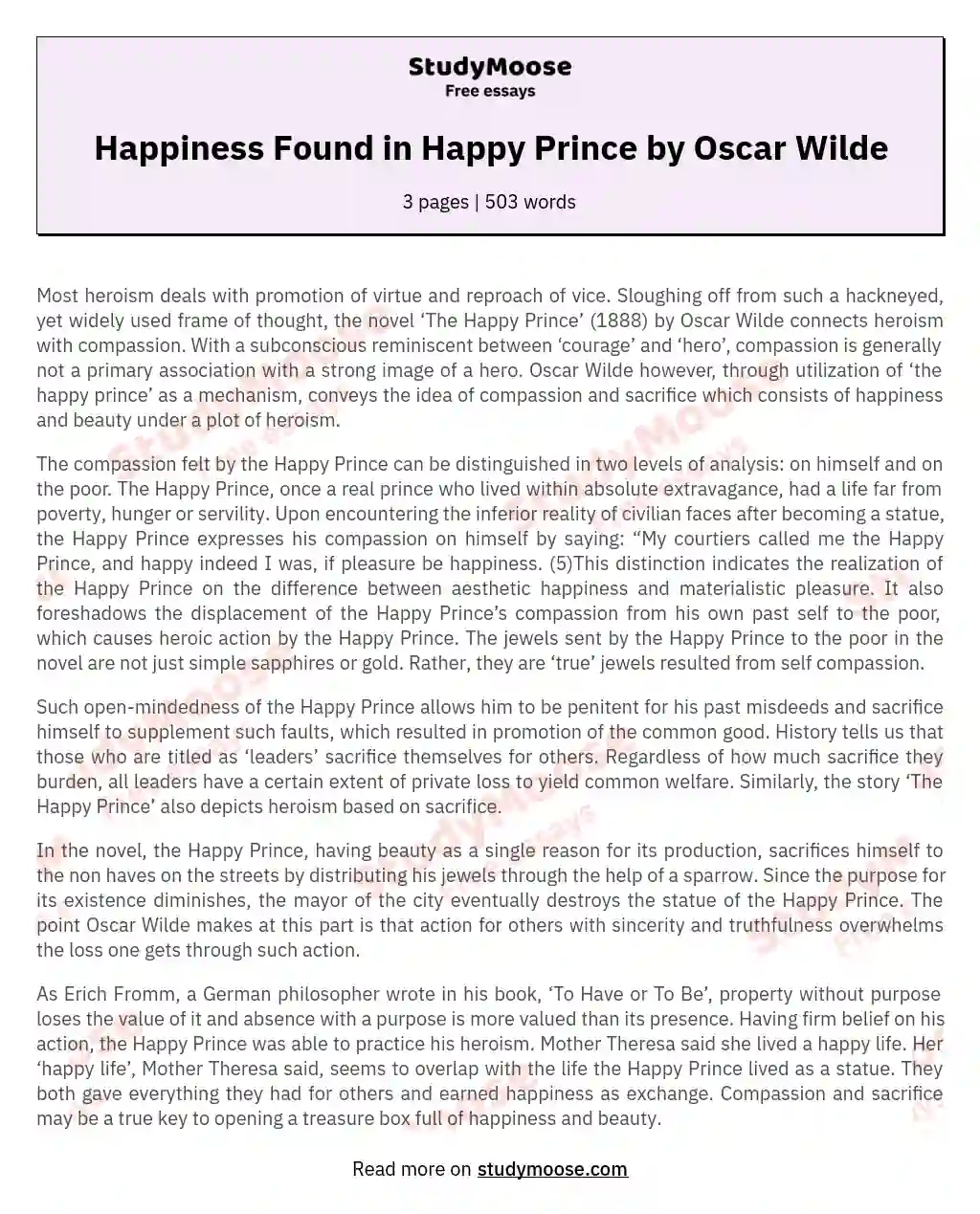Happiness Found in Happy Prince by Oscar Wilde essay
