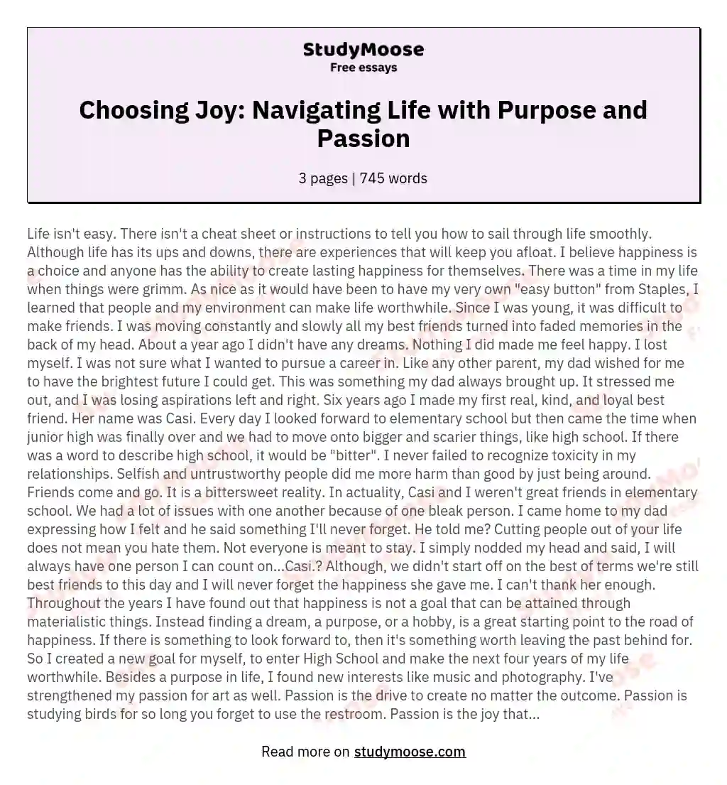 Choosing Joy: Navigating Life with Purpose and Passion essay