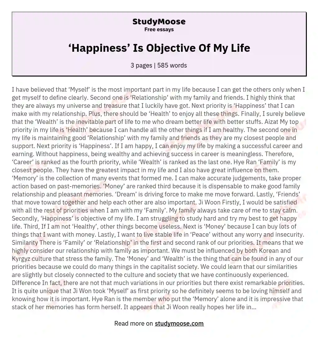 ‘Happiness’ Is Objective Of My Life essay