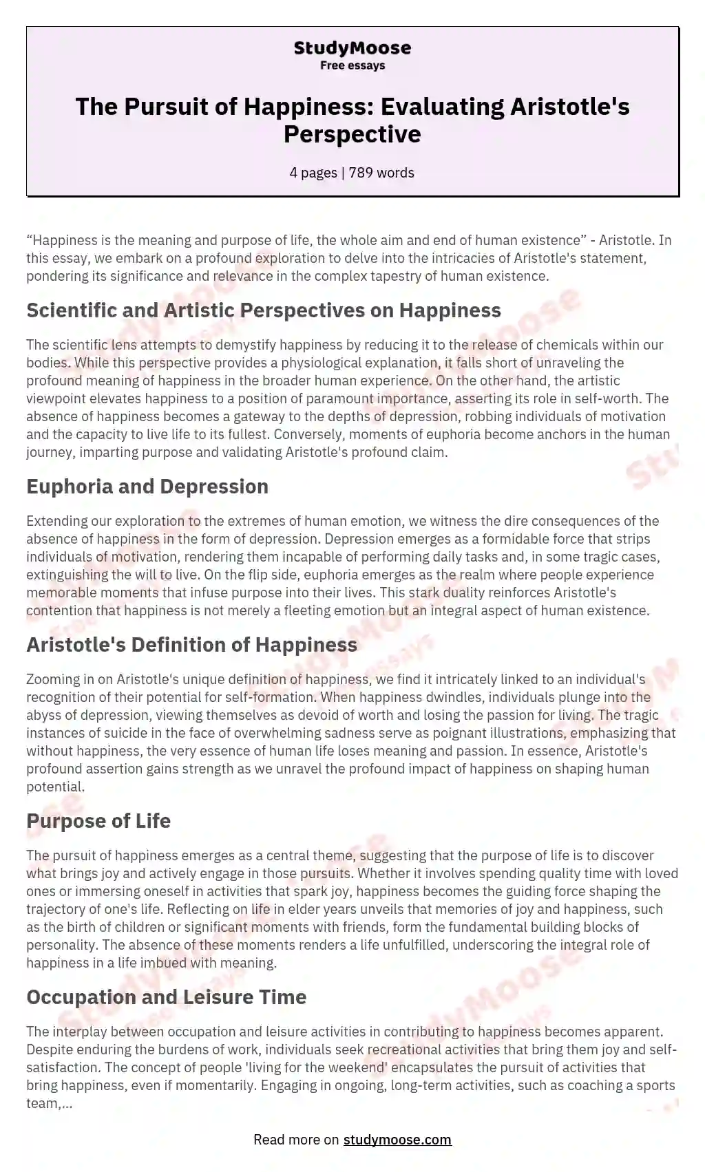 The Pursuit of Happiness: Evaluating Aristotle's Perspective essay