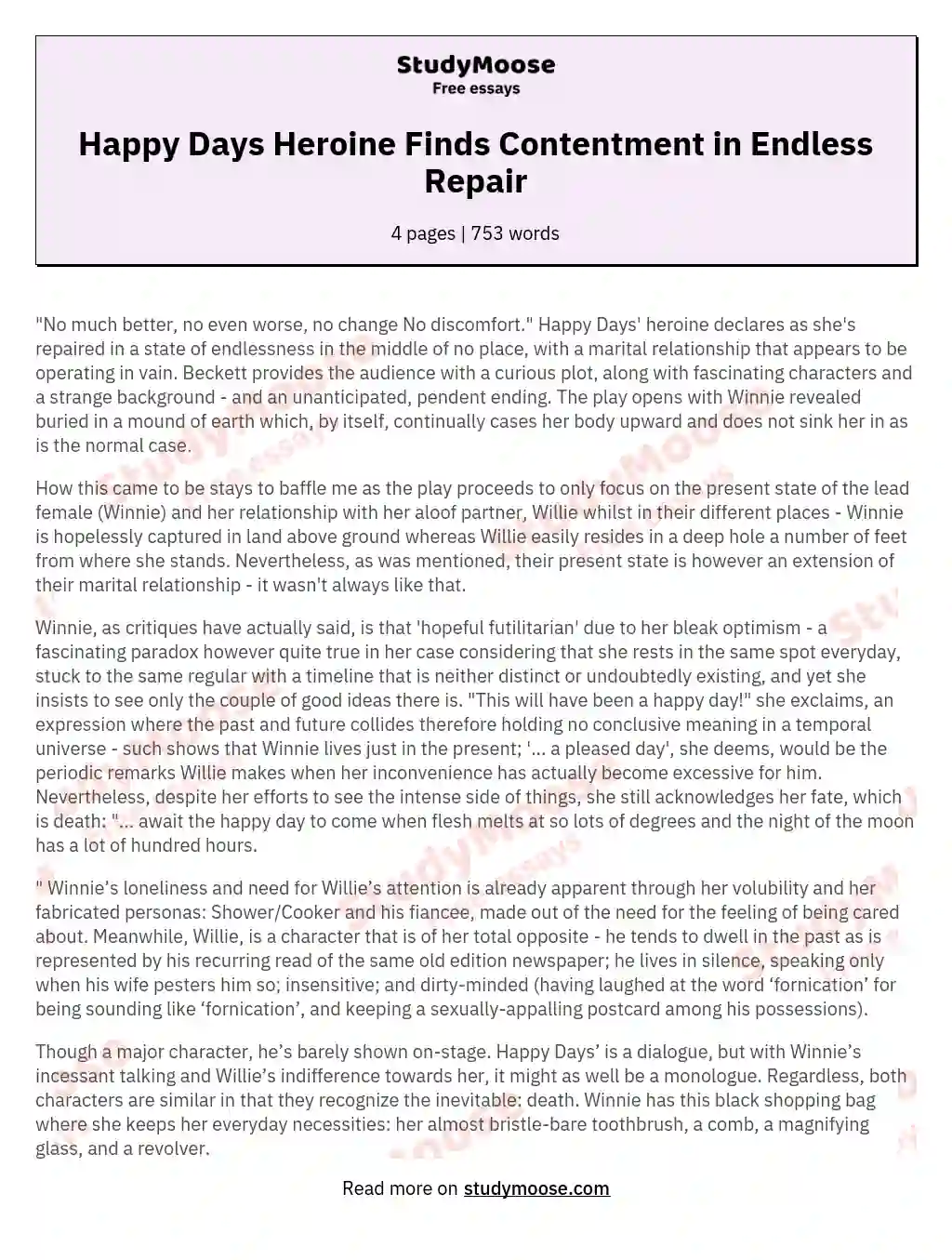 Happy Days Heroine Finds Contentment in Endless Repair essay