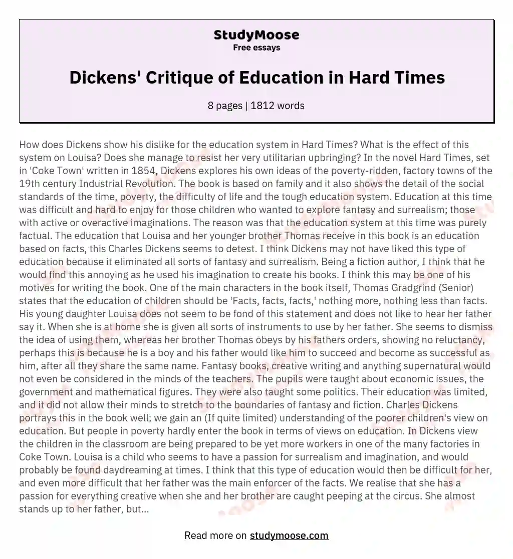 Dickens Critique Of Education In Hard Times Free Essay Example