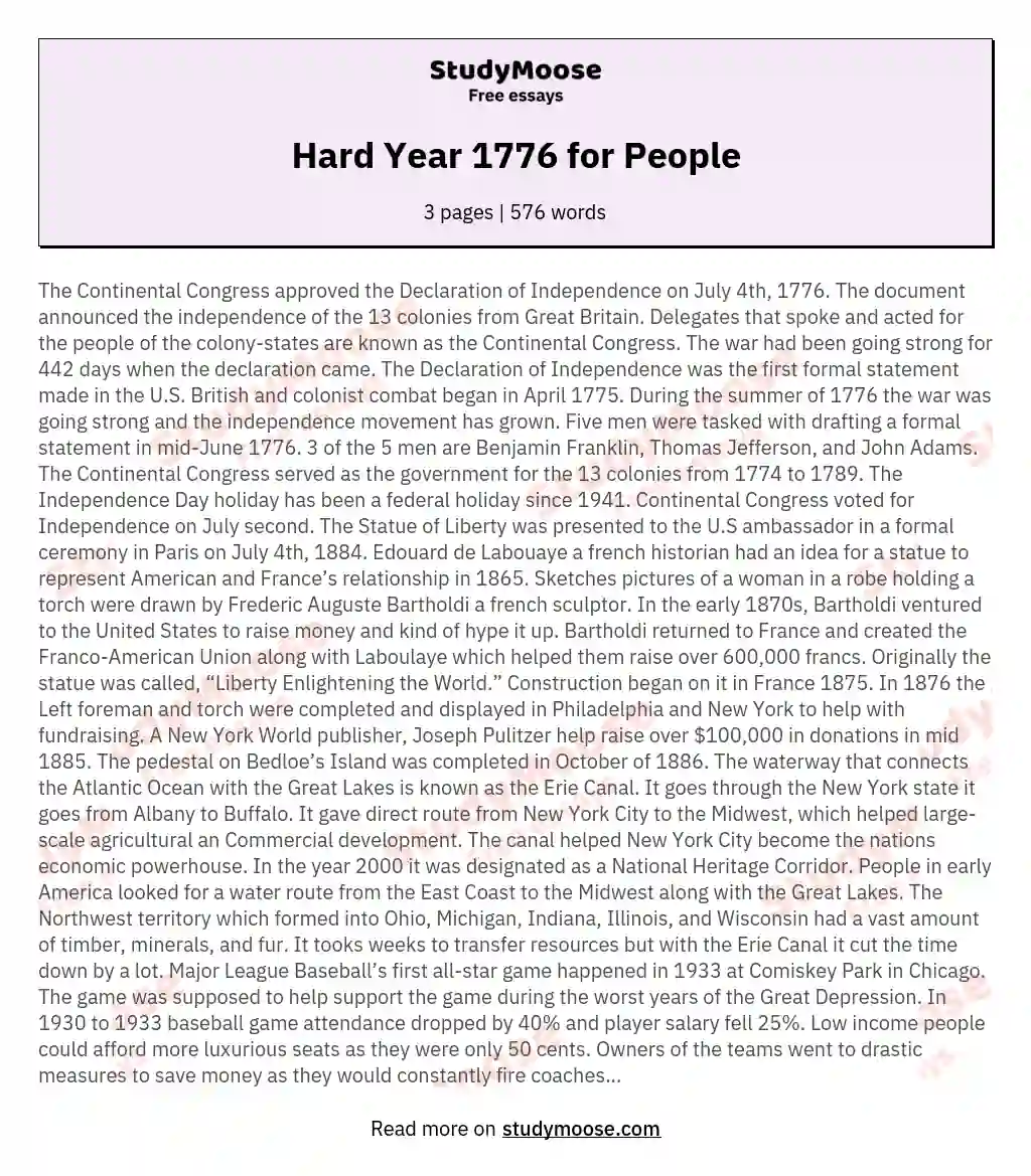Hard Year 1776 for People essay