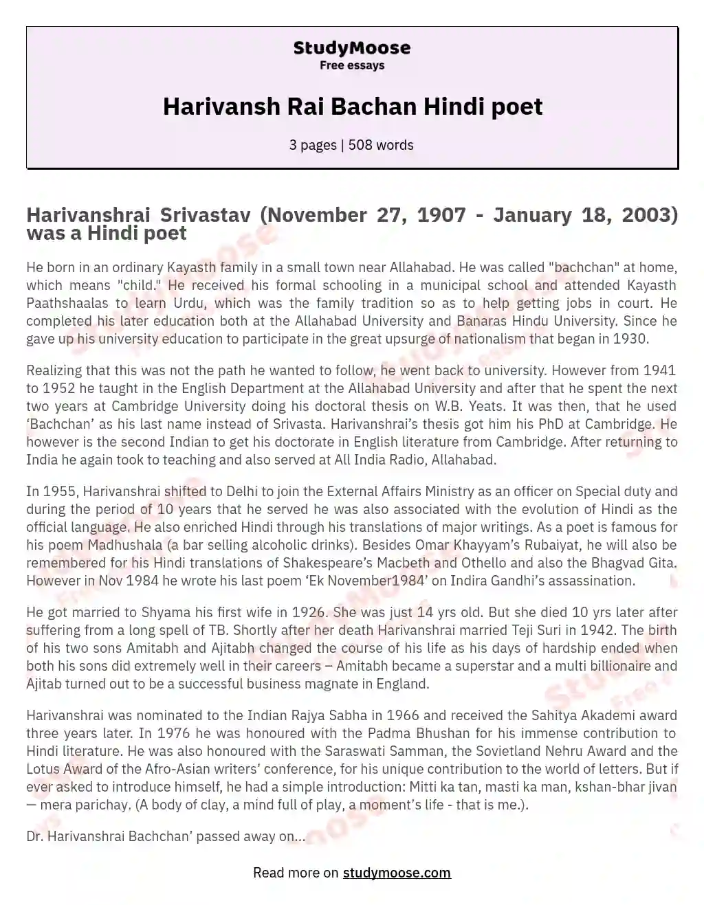 Harivansh Rai Bachan Hindi poet essay