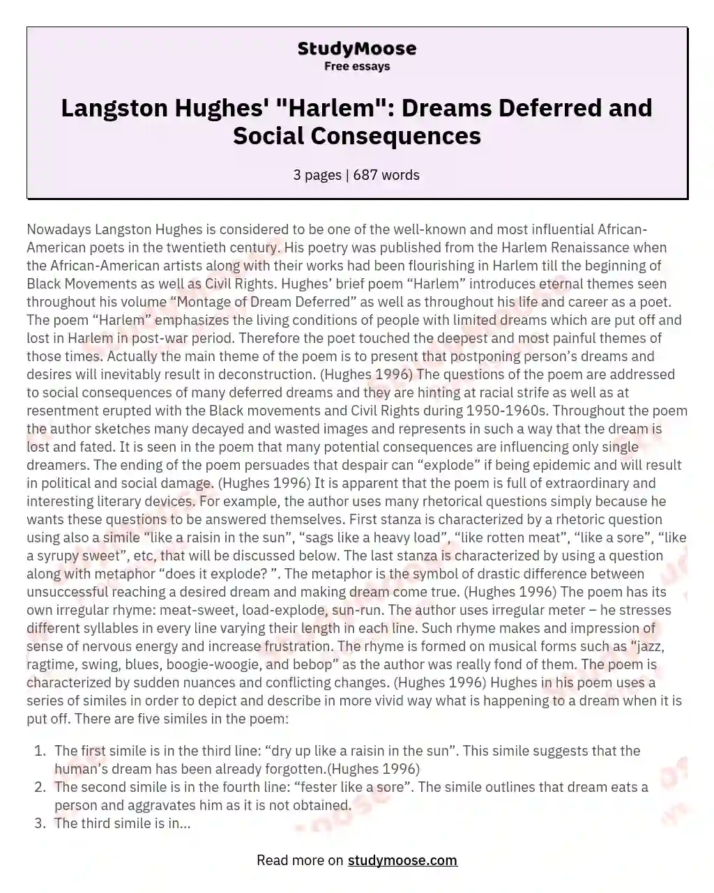 Langston Hughes' "Harlem": Dreams Deferred and Social Consequences essay