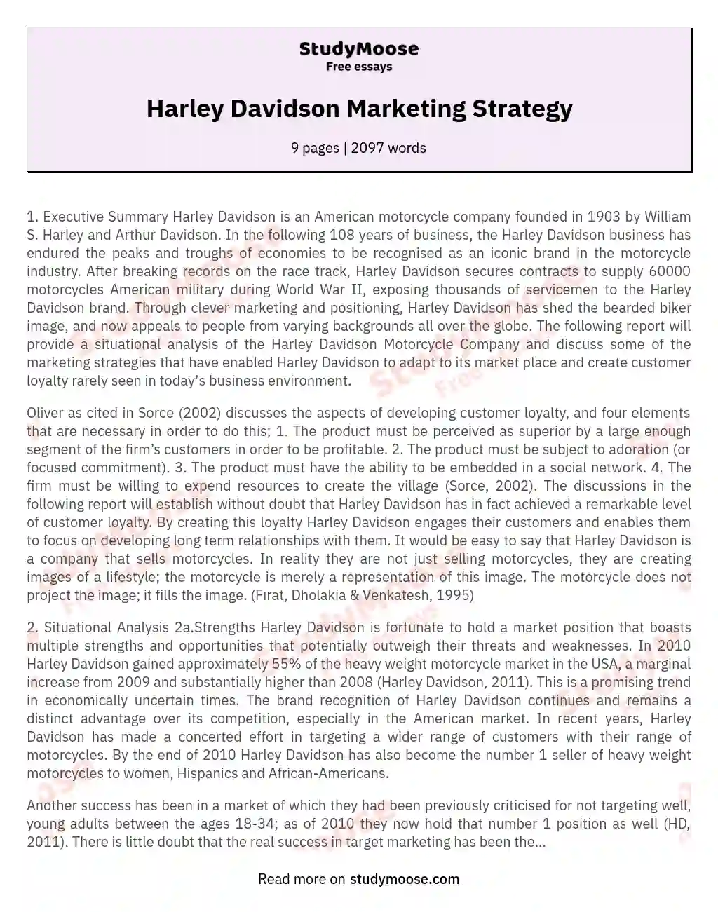 Harley Davidson: Marketing Success and Customer Loyalty essay