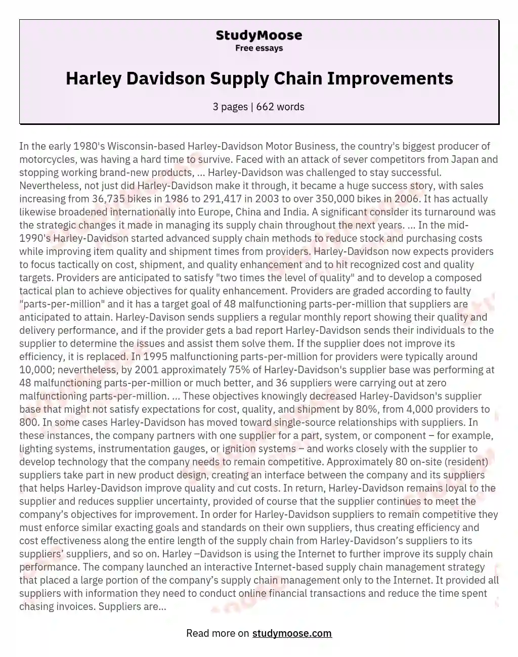 Harley Davidson Supply Chain Improvements essay