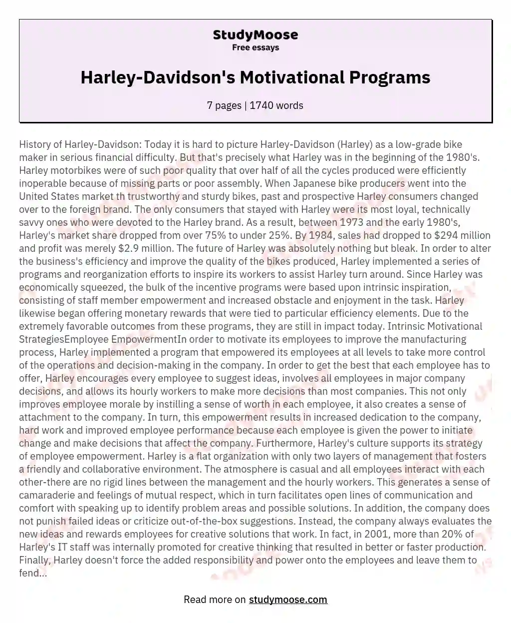 Harley-Davidson's Motivational Programs essay