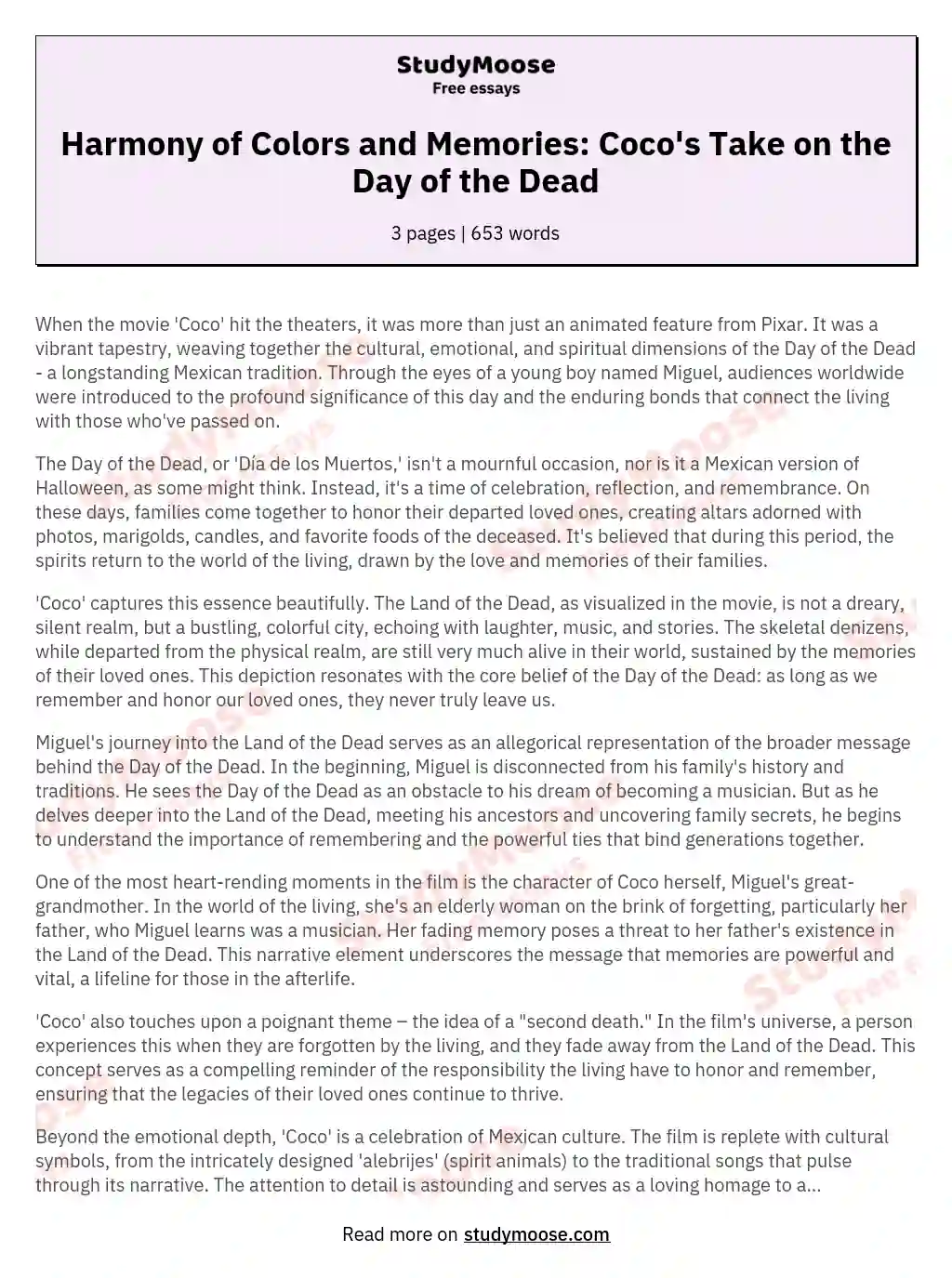 Harmony of Colors and Memories: Coco's Take on the Day of the Dead essay