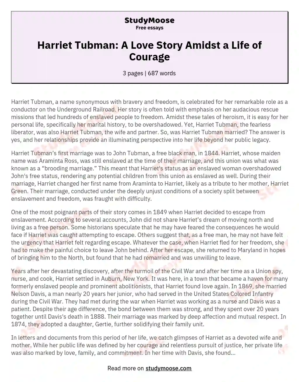 Harriet Tubman: A Love Story Amidst a Life of Courage essay